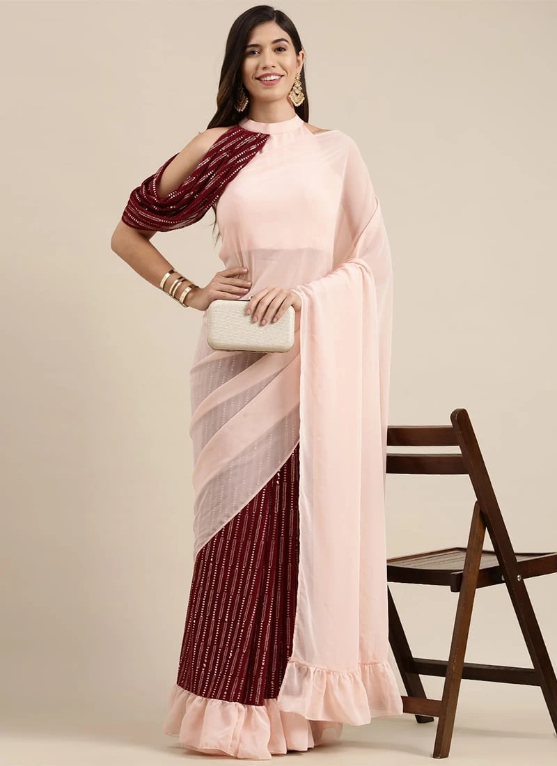 Maroon And Peach Embroidered Half N Half Saree Festive Wear 5 Maroon And Peach Embroidered Half N Half Saree Festive Wear - Image 3