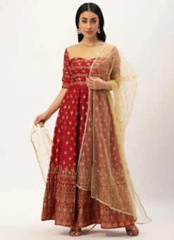 Maroon Art Silk Foil Printed Anarkali Suit Festive Wear -ZariGrace Shop Maroon Art Silk Foil Printed Anarkali Suit SLBS02212471 u