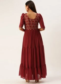 Maroon Art Silk N Geogette Flare Dress Festive Wear -ZariGrace Shop Maroon Art Silk N Geogette Flare Dress DRBS02301787 b