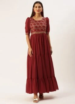 Maroon Art Silk N Geogette Flare Dress Festive Wear -ZariGrace Shop Maroon Art Silk N Geogette Flare Dress DRBS02301787 u