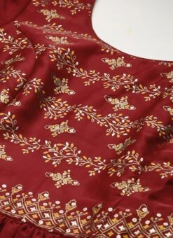 Maroon Art Silk N Geogette Flare Dress Festive Wear -ZariGrace Shop Maroon Art Silk N Geogette Flare Dress DRBS02301787 rrc1