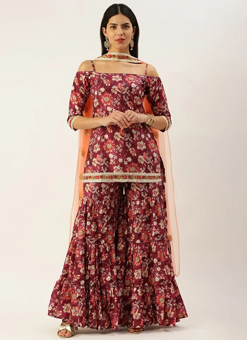 Top From Maroon Art Silk Printed Gharara Set After Six Wear 5 Top From Maroon Art Silk Printed Gharara Set After Six Wear - Image 3