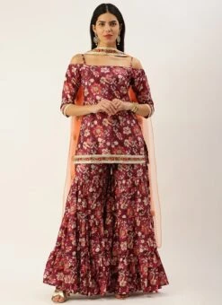 Bottom From Maroon Art Silk Printed Gharara Set After Six Wear -ZariGrace Shop Maroon Art Silk Printed Gharara Set SLBS02302280 u 2