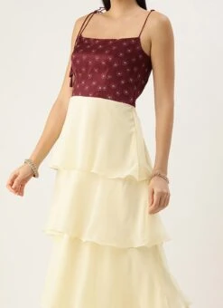 Maroon Art Silk Printed N Off White Layered Dress Festive Wear