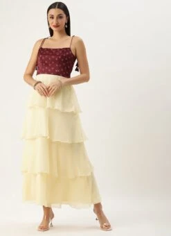 Maroon Art Silk Printed N Off White Layered Dress Festive Wear -ZariGrace Shop Maroon Art Silk Printed N Off White Layered Dress IWBS02303686 u