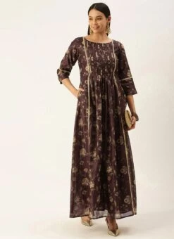 Maroon Chanderi Printed Floral Maxi Dress Festive Wear -ZariGrace Shop Maroon Chanderi Printed Floral Maxi Dress DRBS02111085 u
