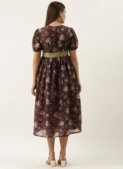 Maroon Chanderi Silk Puff Sleeve Dress Festive Wear After Six Wear -ZariGrace Shop Maroon Chanderi Silk Puff Sleeve Dress DRBS02201262 b