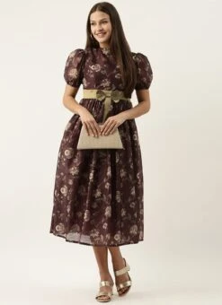 Maroon Chanderi Silk Puff Sleeve Dress Festive Wear After Six Wear -ZariGrace Shop Maroon Chanderi Silk Puff Sleeve Dress DRBS02201262 u