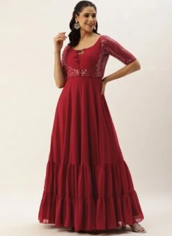 Jacket From Maroon Embroidered Georgette Jacket Style Gown -ZariGrace Shop Maroon Embroidered Georgette Jacket Style Gown IWBS02304059 u