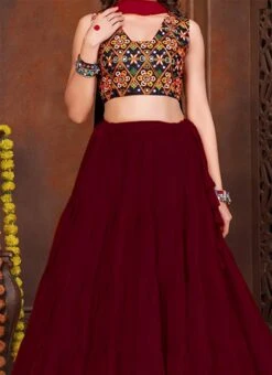 Maroon Faux Crepe Kutch Work Chaniya Choli Festive Wear