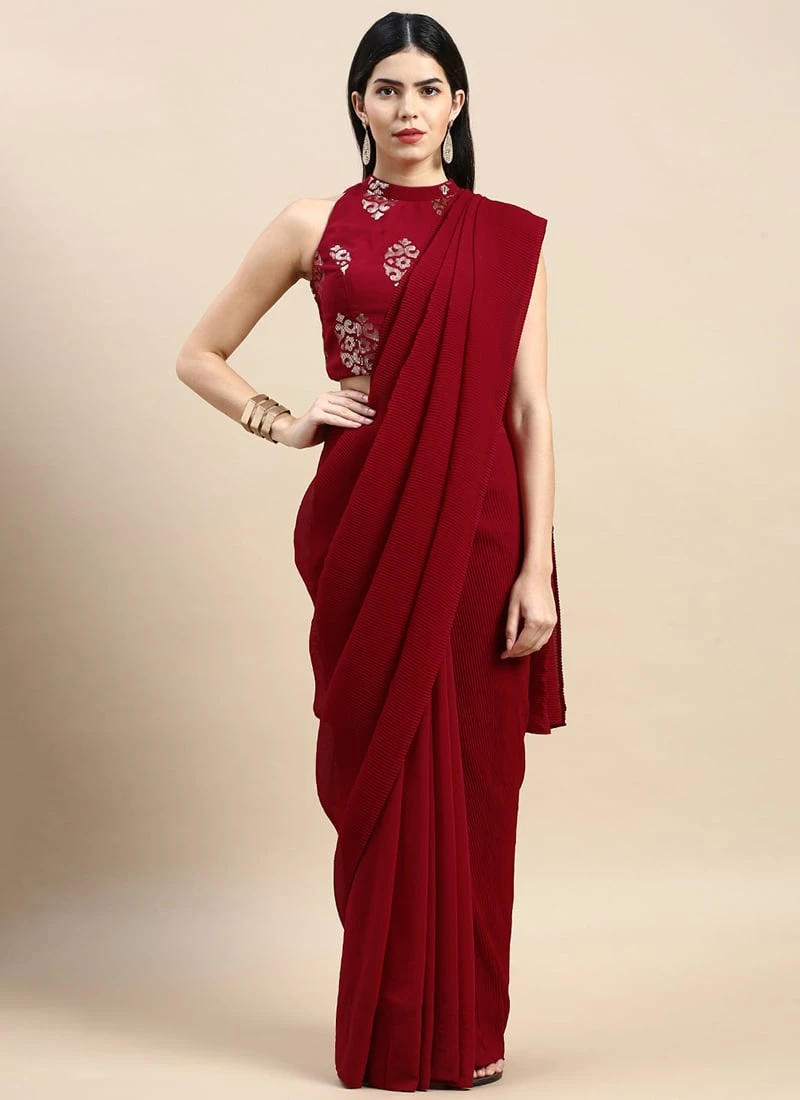 Maroon Georgette Sequins Half N Half Sari Festive Wear 5 Maroon Georgette Sequins Half N Half Sari Festive Wear - Image 3