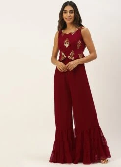 Maroon Georgette Sequins Jumpsuit Festive Wear -ZariGrace Shop Maroon Georgette Sequins Jumpsuit DRBS02208429 u
