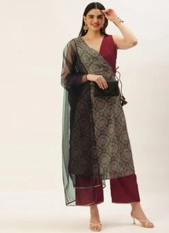 Dupatta From Maroon N Grey Printed Art Silk Anarkali Set After Six Wear -ZariGrace Shop Maroon N Grey Printed Art Silk Anarkali Set SLBS02209654 u