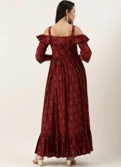 Maroon Rayon Printed Strap Neckline Dress After Six Wear -ZariGrace Shop Maroon Rayon Printed Strap Neckline Dress DRBS02204728 b