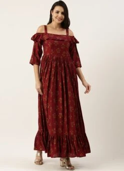 Maroon Rayon Printed Strap Neckline Dress After Six Wear -ZariGrace Shop Maroon Rayon Printed Strap Neckline Dress DRBS02204728 u