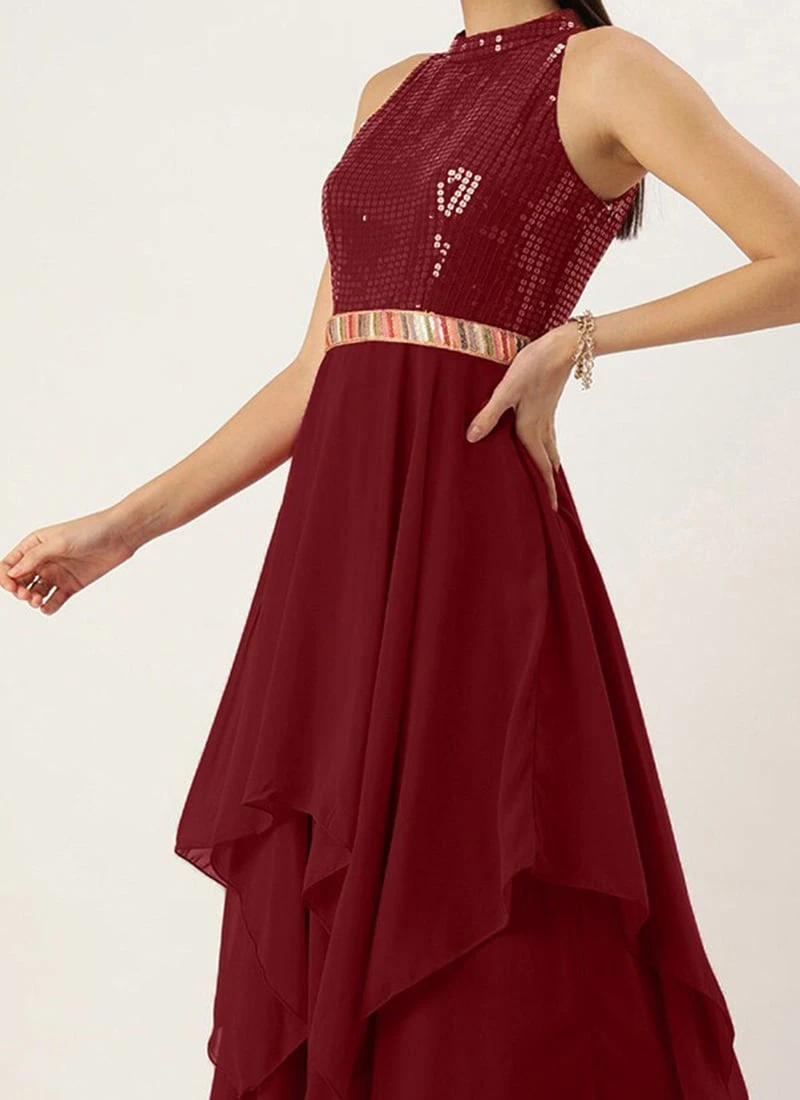 Maroon Sequins Handkerchief Gown Festive Wear 3 Maroon Sequins Handkerchief Gown Festive Wear