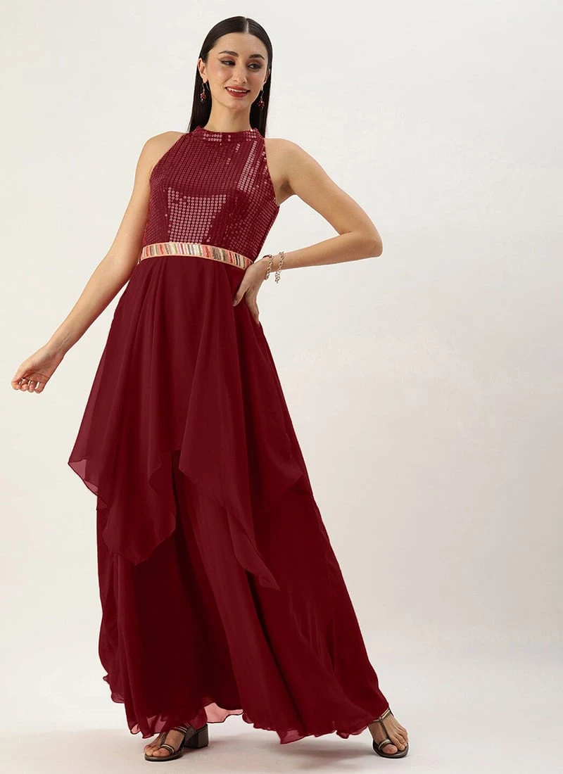 Maroon Sequins Handkerchief Gown Festive Wear 5 Maroon Sequins Handkerchief Gown Festive Wear - Image 3