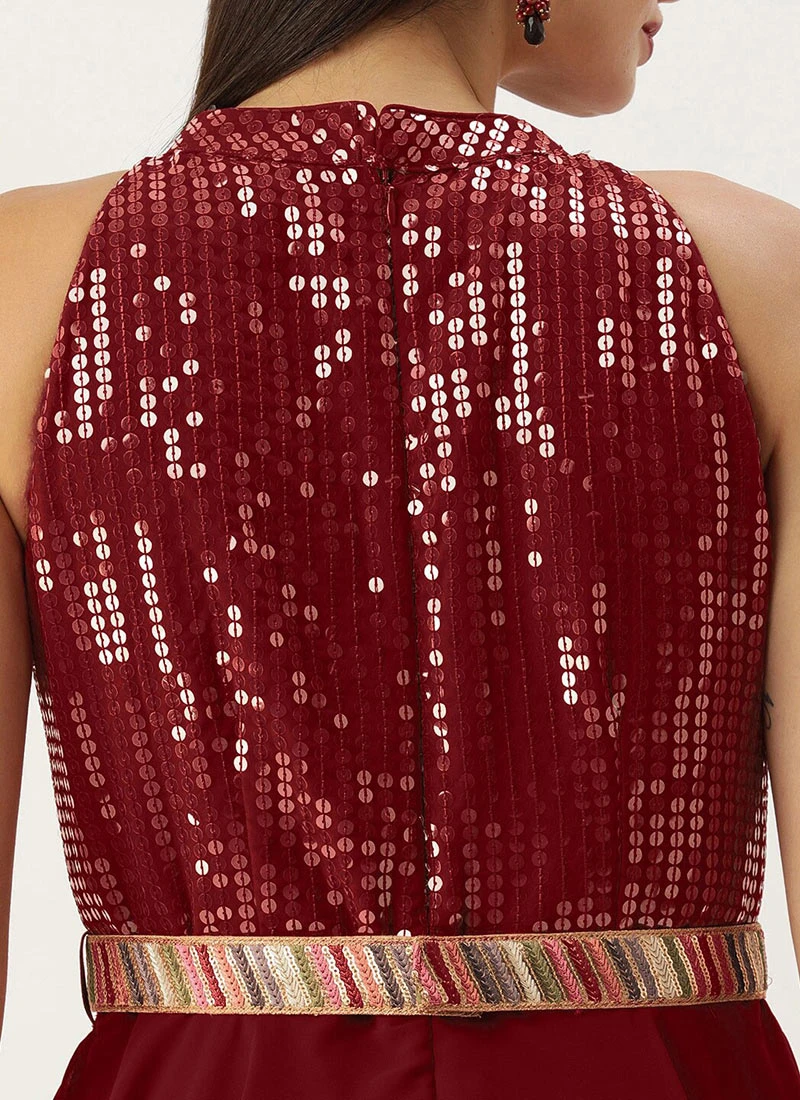Maroon Sequins Handkerchief Gown Festive Wear 8 Maroon Sequins Handkerchief Gown Festive Wear - Image 6
