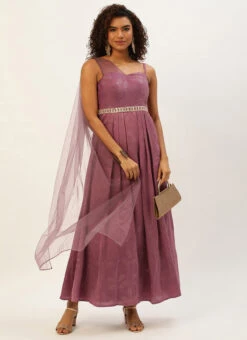 Mauve Foil Printed Satin Draped Gown Party Wear -ZariGrace Shop Mauve Foil Printed Satin Draped Gown IWBS02209695 u