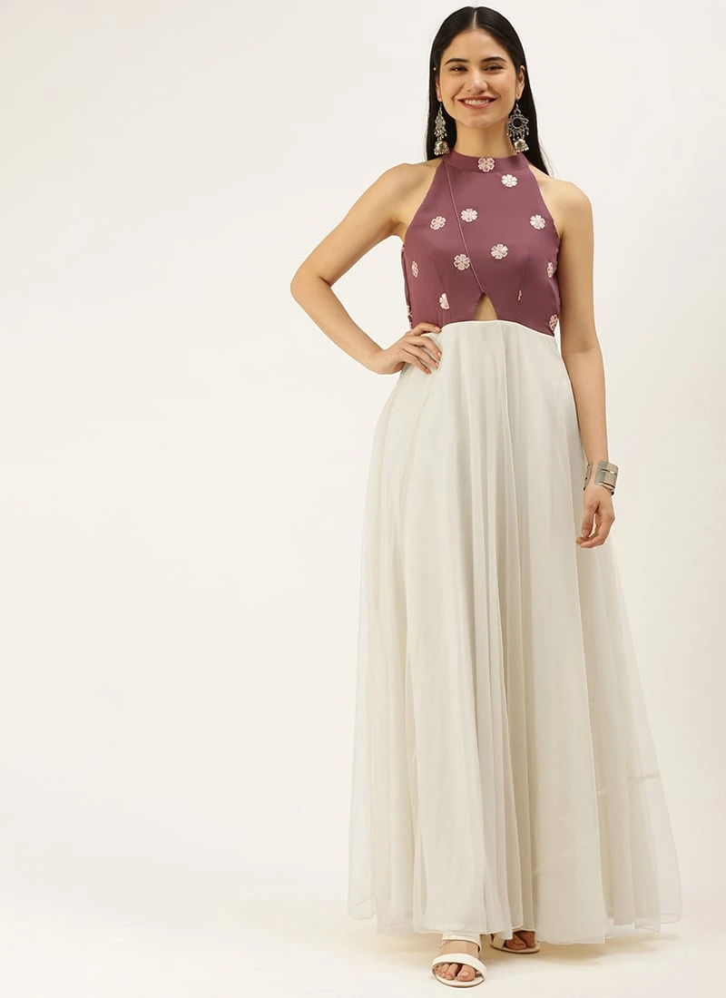 Mauve N White Embroidered Gown Festive Wear 5 Mauve N White Embroidered Gown Festive Wear - Image 3