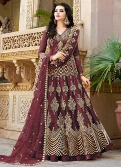 Mauve Net Long Choli A Line Lehenga Wedding Wear -ZariGrace Shop Mauve Net Long Choli A Line Lehenga GHSCC10031A u
