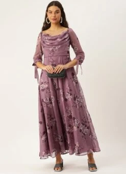 Mauve Organza Digital Printed Cowl Style Dress After Six Wear -ZariGrace Shop Mauve Organza Digital Printed Cowl Style Dress DRBS02210000 u