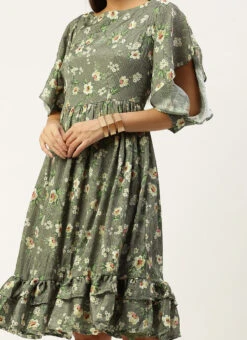 Mehndi Green Georgette Printed Dress After Six Wear Party Wear