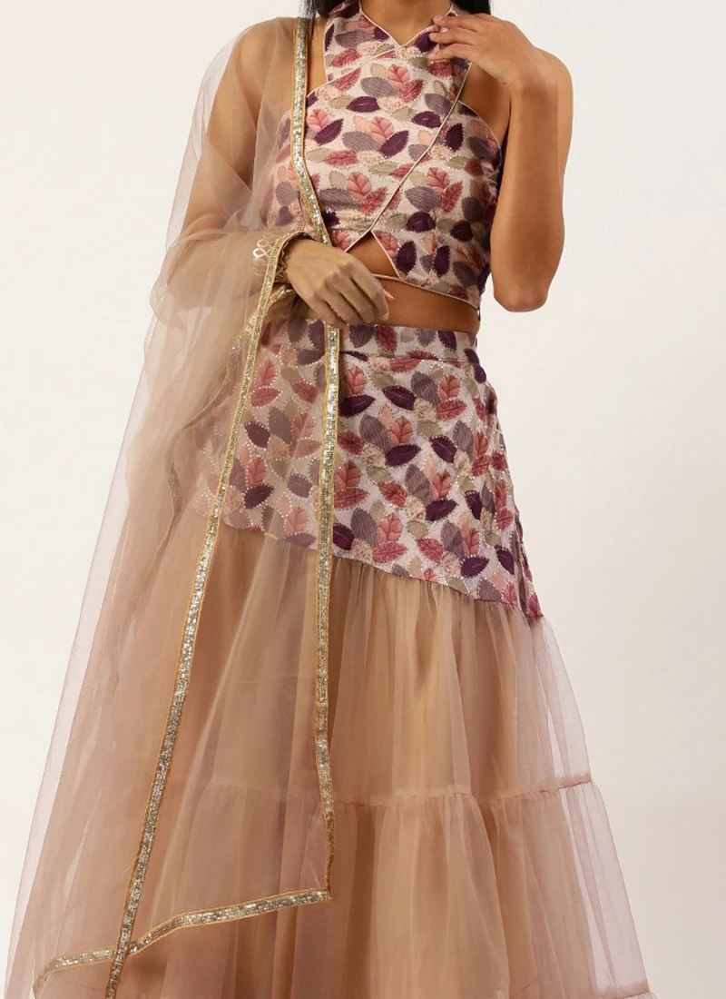 Multicolored Chinon N Peach Net Layered Lehenga Party Wear 3 Multicolored Chinon N Peach Net Layered Lehenga Party Wear
