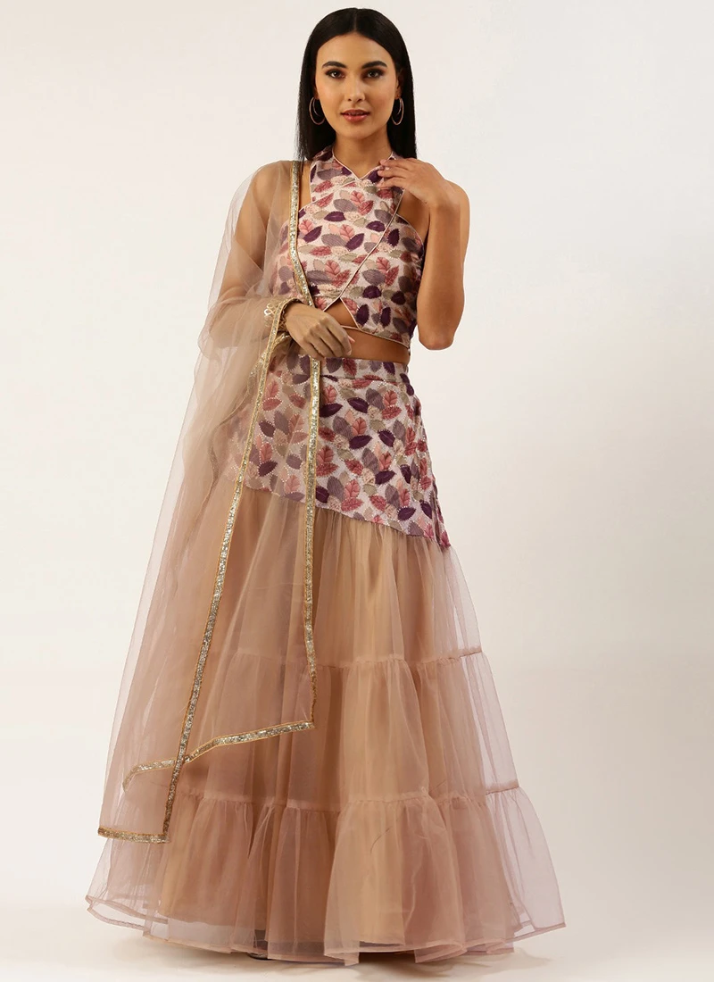 Multicolored Chinon N Peach Net Layered Lehenga Party Wear 5 Multicolored Chinon N Peach Net Layered Lehenga Party Wear - Image 3