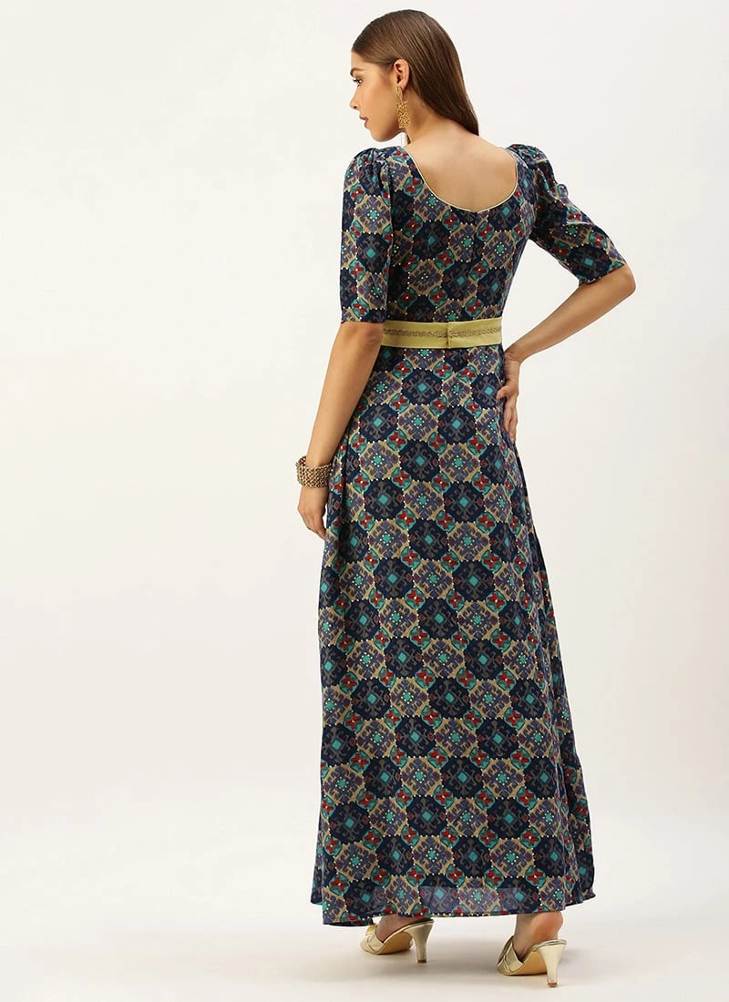 Multicolored Printed A Line Maxi Dress Festive Wear 6 Multicolored Printed A Line Maxi Dress Festive Wear - Image 4