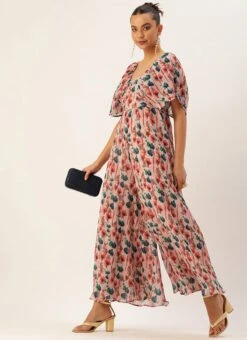 Multicoloured Pleated Georgette Jumpsuit Festive Wear After Six Wear -ZariGrace Shop Multicoloured Pleated Georgette Jumpsuit DRBS02211145 u