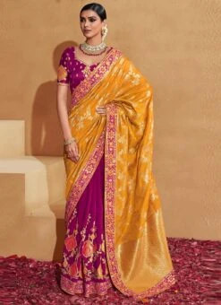 Mustard And Magenta Color Jacquard Embroidery Art Silk Saree Party Wear -ZariGrace Shop Mustard And Magenta Color Jacquard Embroidery Art Silk Saree SASLI19406107 u