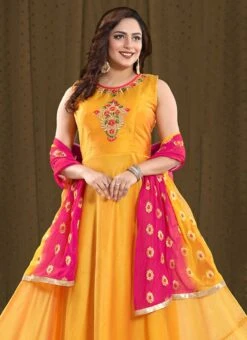 Mustard Art Silk Anarkali Suit Party Wear -ZariGrace Shop Mustard Art Silk Anarkali Suit SLMNFG129GOLDEN b