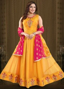Mustard Art Silk Anarkali Suit Party Wear -ZariGrace Shop Mustard Art Silk Anarkali Suit SLMNFG129GOLDEN u
