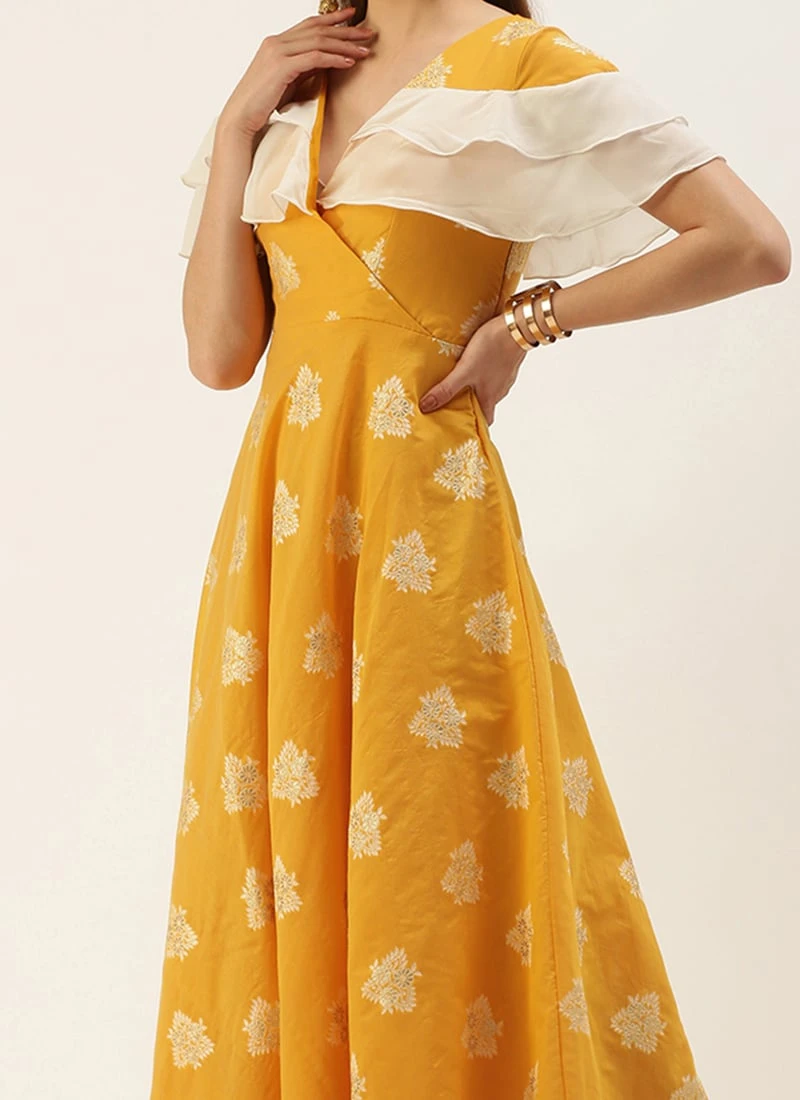 Mustard Art Silk Ruffled Dress Festive Wear 3 Mustard Art Silk Ruffled Dress Festive Wear
