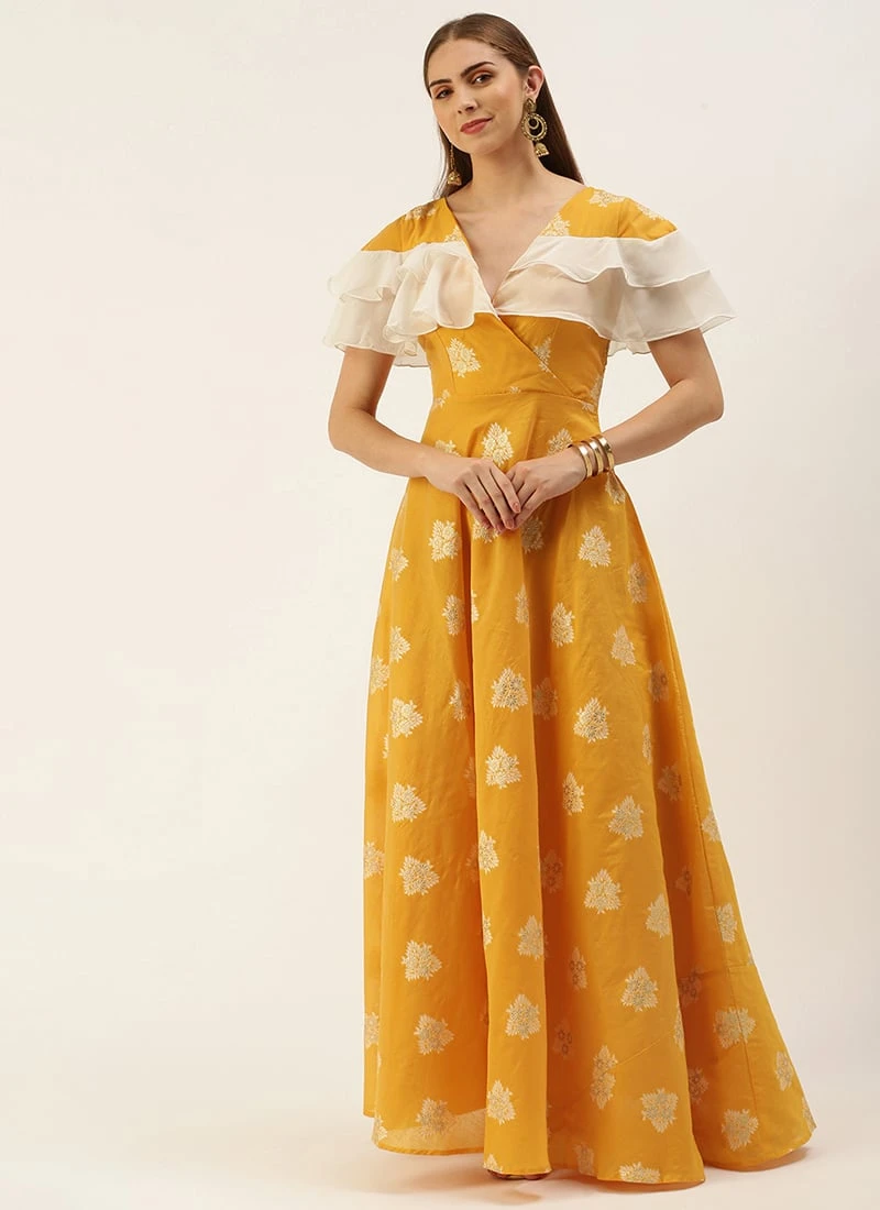 Mustard Art Silk Ruffled Dress Festive Wear 5 Mustard Art Silk Ruffled Dress Festive Wear - Image 3