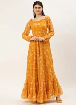 Mustard Digital Print Georgette Maxi Dress After Six Wear -ZariGrace Shop Mustard Digital Print Georgette Maxi Dress DRBS02301953 u