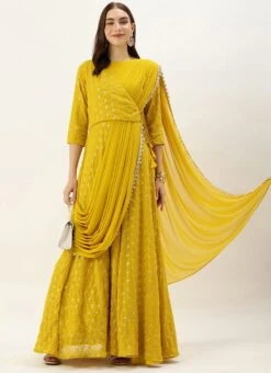 Mustard Embroidered Dupatta Draped Style Gown Wedding Wear -ZariGrace Shop Mustard Embroidered Dupatta Draped Style Gown IWBS02307668 u