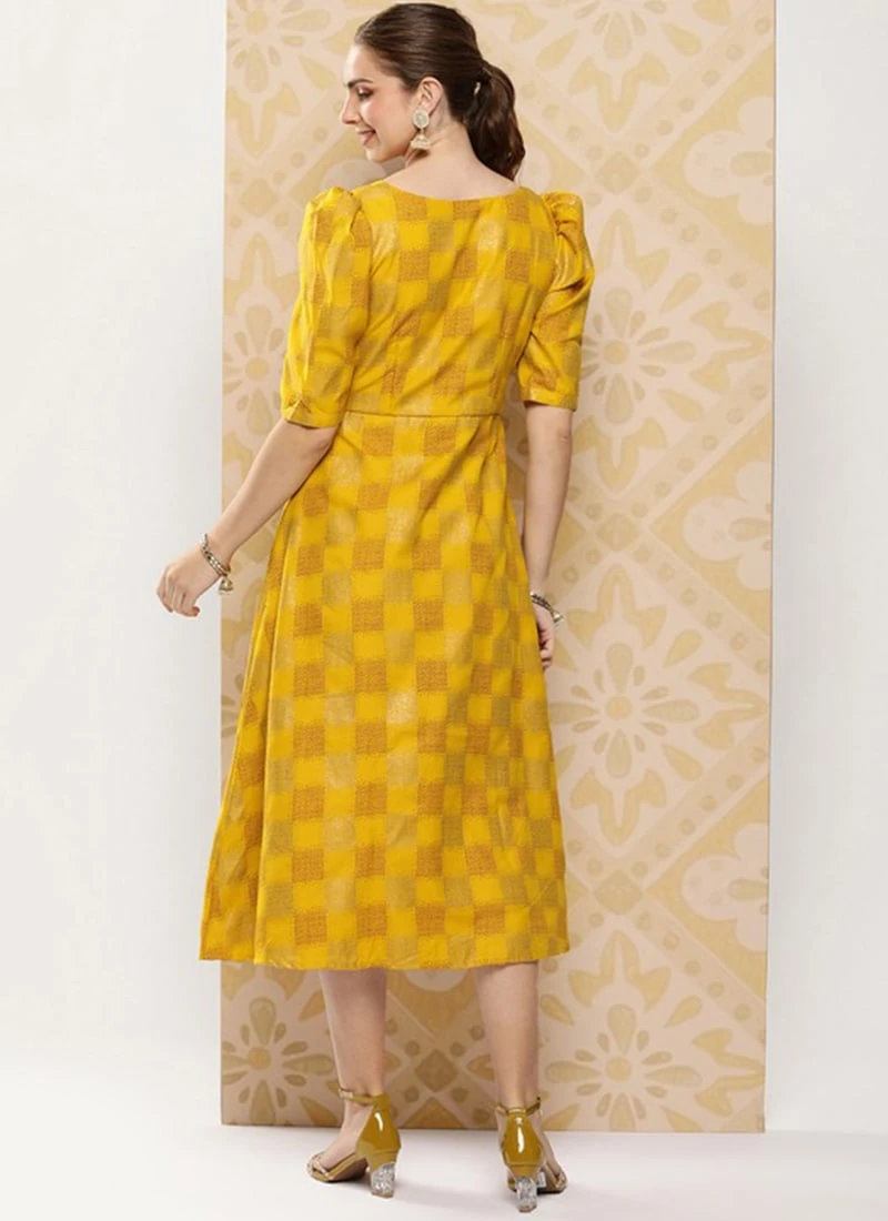 Mustard Rayon Printed A-Line Dress After Six Wear 6 Mustard Rayon Printed A-Line Dress After Six Wear - Image 4