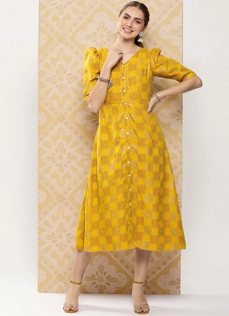 Mustard Rayon Printed A-Line Dress After Six Wear 5 Mustard Rayon Printed A-Line Dress After Six Wear - Image 3