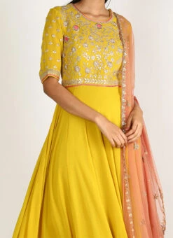 Mustard Yellow Georgette Embroidered Anarkali Suit Wedding Wear