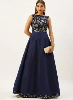 Navy Blue Embroidered Kali Style Gown Festive Wear -ZariGrace Shop Navy Blue Embroidered Kali Style Gown IWBS02203495 u