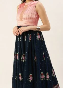 Navy Blue Embroidered Pleated Style Gown Party Wear