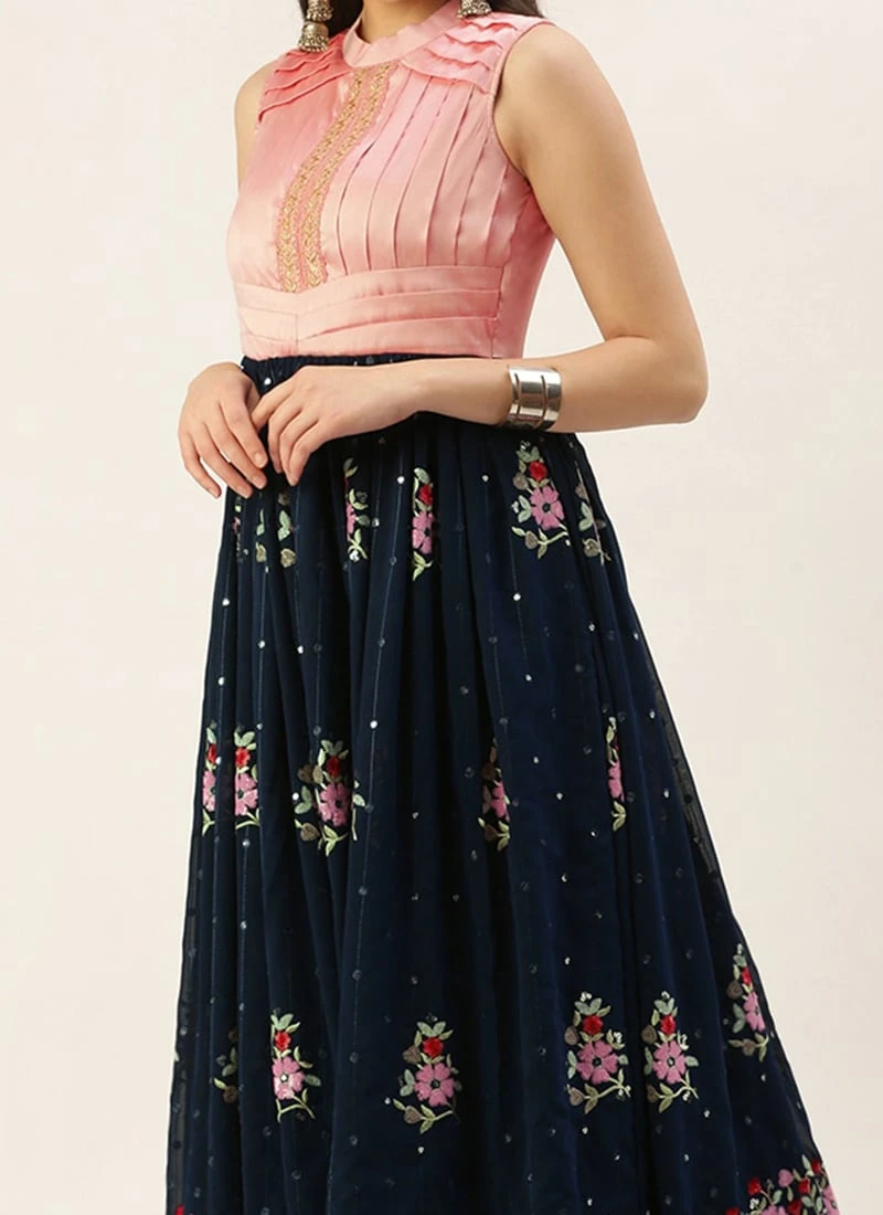 Navy Blue Embroidered Pleated Style Gown Party Wear 3 Navy Blue Embroidered Pleated Style Gown Party Wear