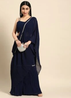 Navy Blue Georgette Pleated Ruffle Saree Festive Wear -ZariGrace Shop Navy Blue Georgette Pleated Ruffle Saree SABS02301092 u