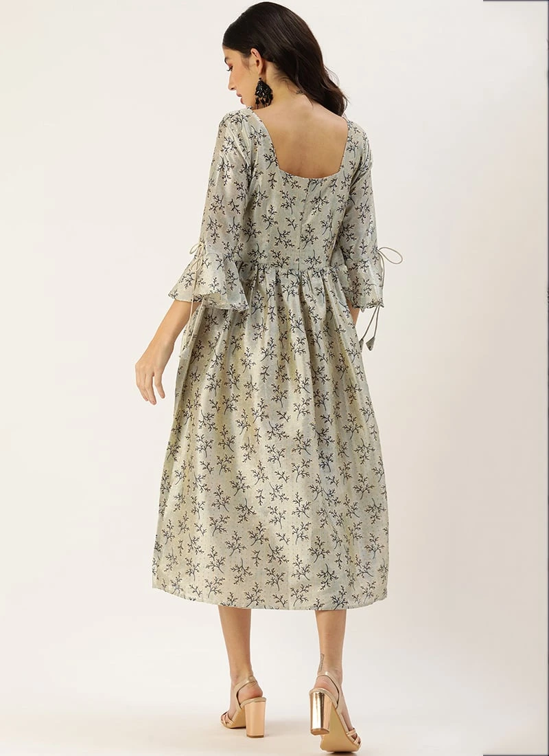 Off White Art Silk Gathered Flare Dress Festive Wear 6 Off White Art Silk Gathered Flare Dress Festive Wear - Image 4