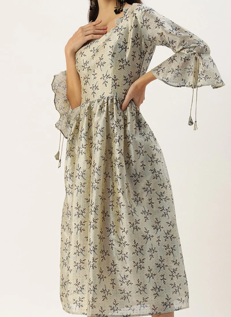 Off White Art Silk Gathered Flare Dress Festive Wear 3 Off White Art Silk Gathered Flare Dress Festive Wear