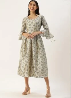 Off White Art Silk Gathered Flare Dress Festive Wear 12 Off White Art Silk Gathered Flare Dress Festive Wear -ZariGrace Shop Off White Art Silk Gathered Flare Dress DRBS02204729 u