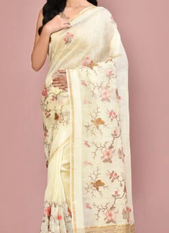 Off White Linen Saree After Six Wear
