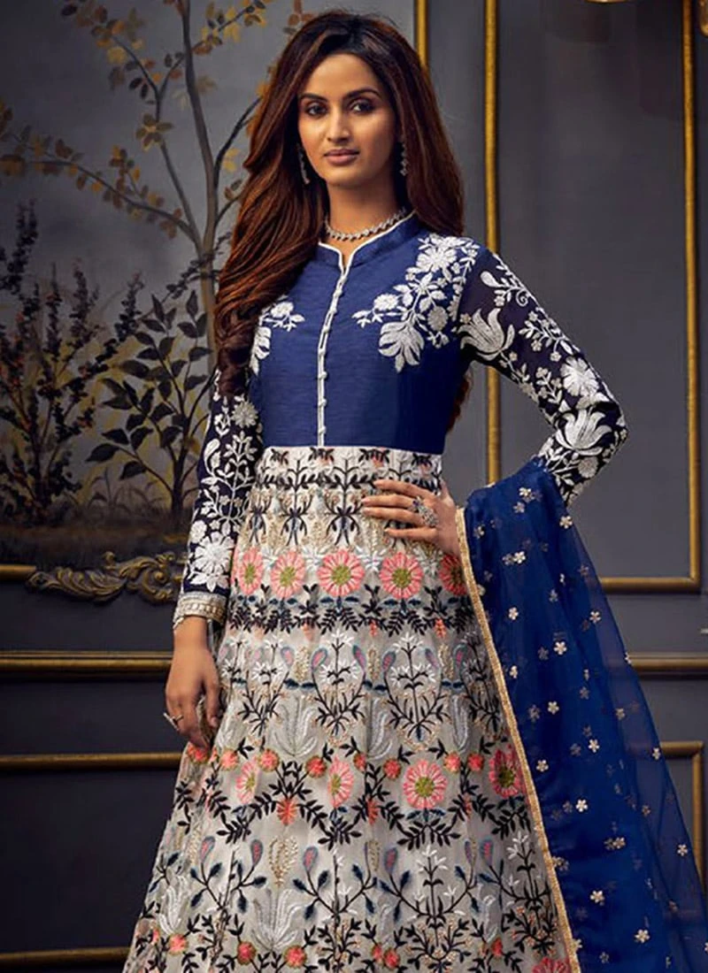 Off White N Blue Net Anarkali Suit Party Wear 6 Off White N Blue Net Anarkali Suit Party Wear - Image 4